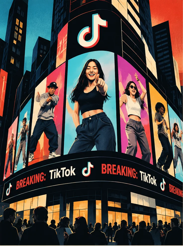 Bauhaus-inspired illustration of a curved Times Square video ticker displaying dance clips instead of news headlines.